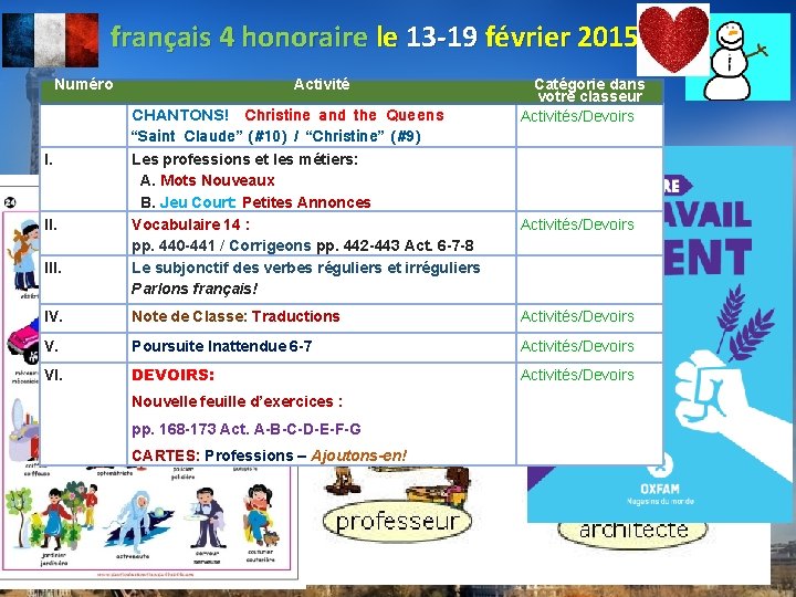 français 4 honoraire le 13 -19 février 2015 Numéro Activité CHANTONS! Christine and the