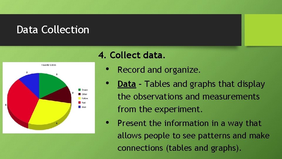 Data Collection 4. Collect data. • • Record and organize. • Present the information