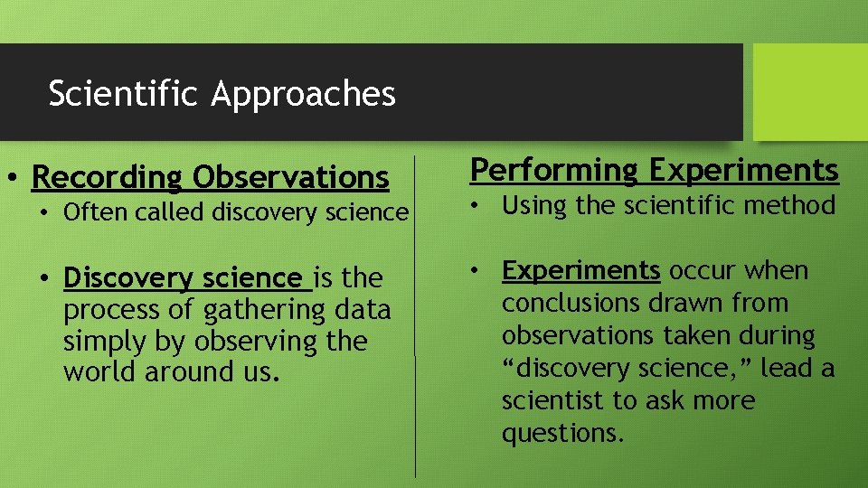 Scientific Approaches • Recording Observations Performing Experiments • Often called discovery science • Using