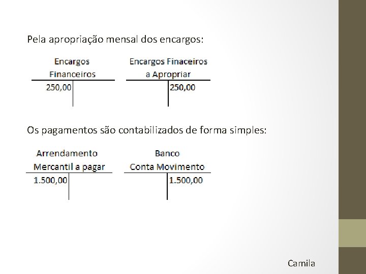 Pela apropriação mensal dos encargos: Os pagamentos são contabilizados de forma simples: Camila 