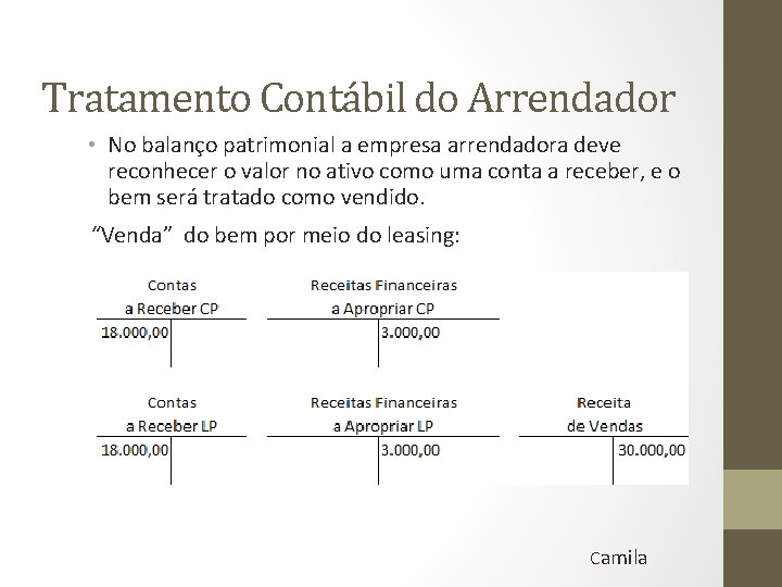Tratamento Contábil do Arrendador • No balanço patrimonial a empresa arrendadora deve reconhecer o