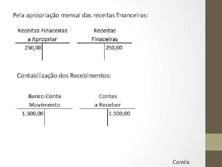Pela apropriação mensal das receitas financeiras: Contabilização dos Recebimentos: Camila 