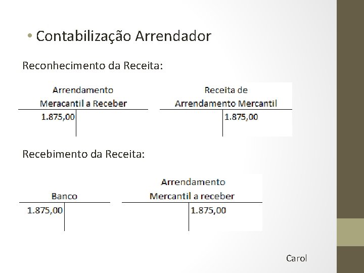  • Contabilização Arrendador Reconhecimento da Receita: Recebimento da Receita: Carol 