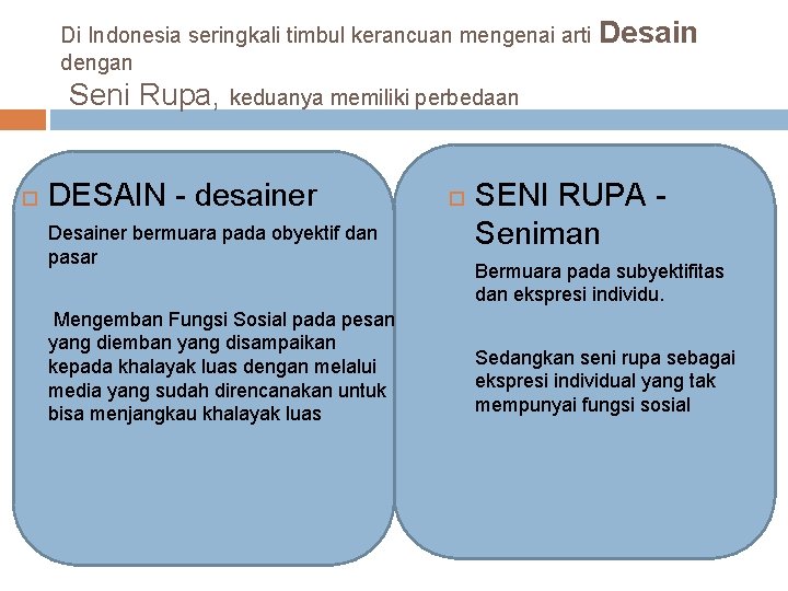 Di Indonesia seringkali timbul kerancuan mengenai arti Desain dengan Seni Rupa, keduanya memiliki perbedaan