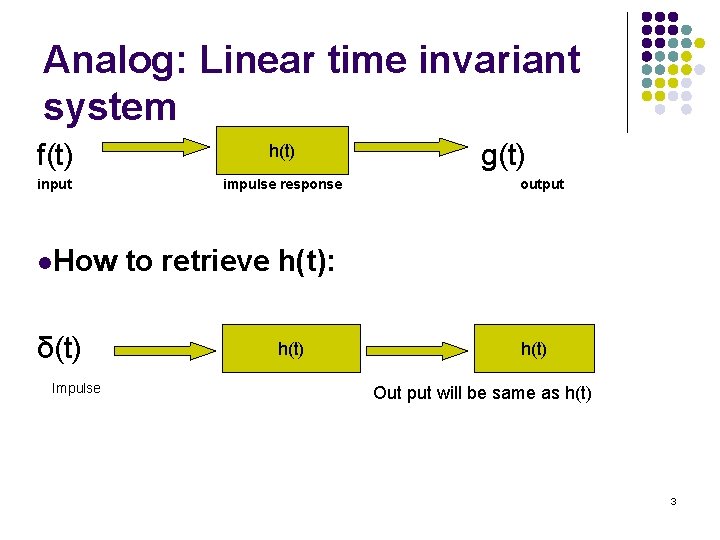Analog: Linear time invariant system f(t) h(t) input impulse response l. How δ(t) Impulse Analog: Linear time invariant system f(t) h(t) input impulse response l. How δ(t) Impulse