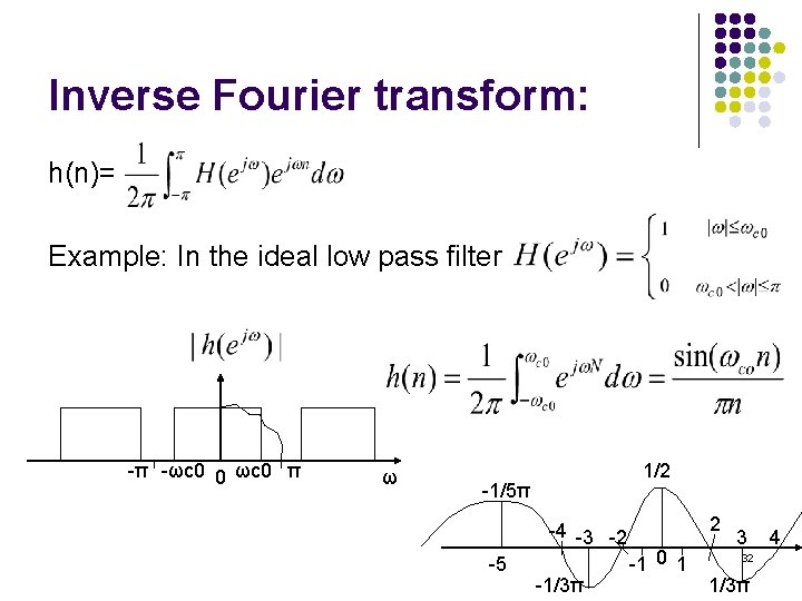 Inverse Fourier transform: h(n)= Example: In the ideal low pass filter -π -ωc 0 Inverse Fourier transform: h(n)= Example: In the ideal low pass filter -π -ωc 0