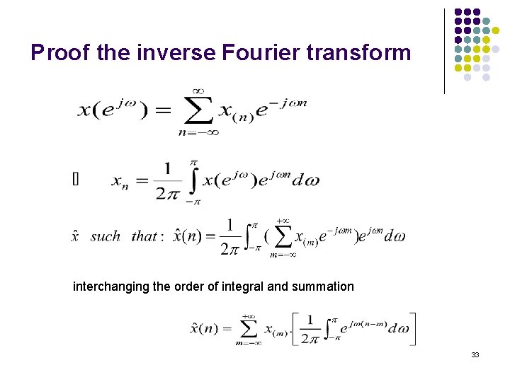 Proof the inverse Fourier transform interchanging the order of integral and summation 33 Proof the inverse Fourier transform interchanging the order of integral and summation 33