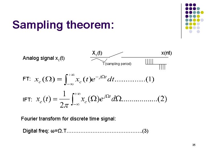 Sampling theorem: Analog signal xc(t) Xc(t) x(nt) T(sampling period) FT: IFT: Fourier transform for Sampling theorem: Analog signal xc(t) Xc(t) x(nt) T(sampling period) FT: IFT: Fourier transform for