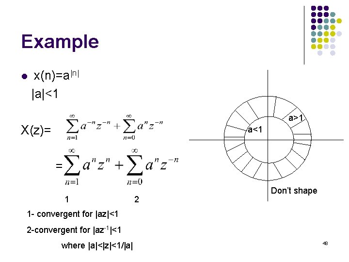 Example l x(n)=a|n| |a|<1 a>1 X(z)= a<1 = 1 2 Don’t shape 1 - Example l x(n)=a|n| |a|<1 a>1 X(z)= a<1 = 1 2 Don’t shape 1 -