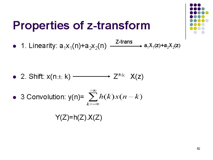 Properties of z-transform l 1. Linearity: a 1 x 1(n)+a 2 x 2(n) l Properties of z-transform l 1. Linearity: a 1 x 1(n)+a 2 x 2(n) l