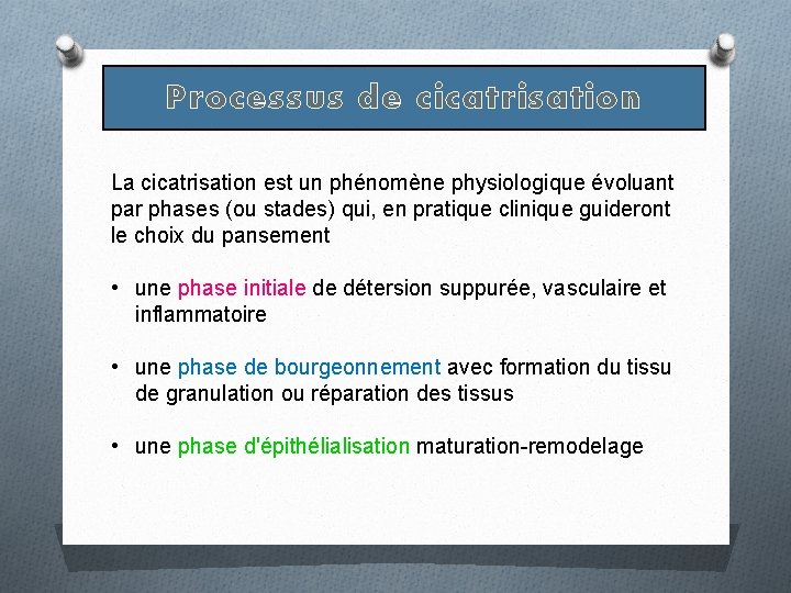 Processus de cicatrisation La cicatrisation est un phénomène physiologique évoluant par phases (ou stades) Processus de cicatrisation La cicatrisation est un phénomène physiologique évoluant par phases (ou stades)
