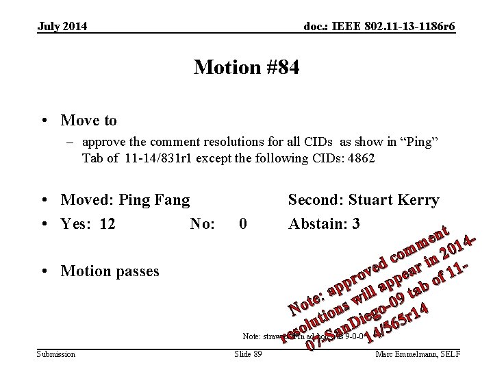 July 2014 doc. : IEEE 802. 11 -13 -1186 r 6 Motion #84 •