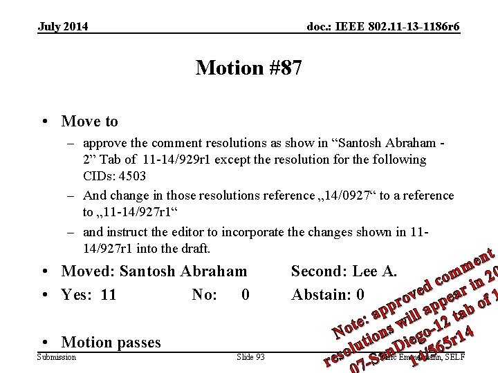 July 2014 doc. : IEEE 802. 11 -13 -1186 r 6 Motion #87 •