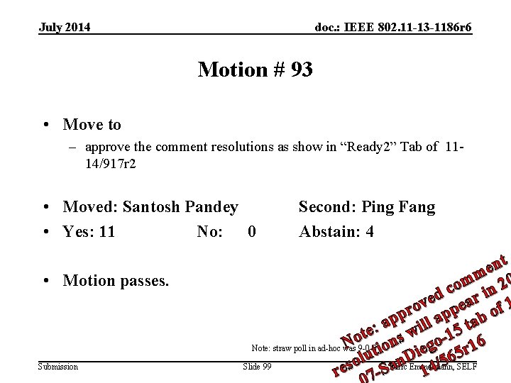 July 2014 doc. : IEEE 802. 11 -13 -1186 r 6 Motion # 93