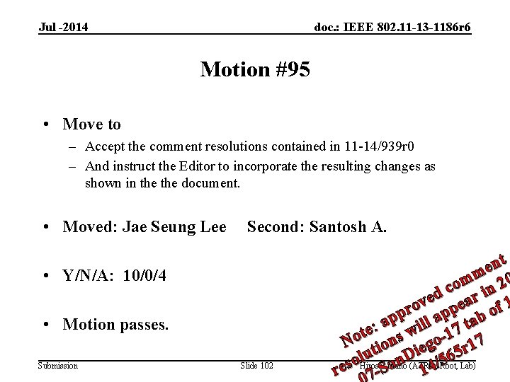 Jul -2014 doc. : IEEE 802. 11 -13 -1186 r 6 Motion #95 •