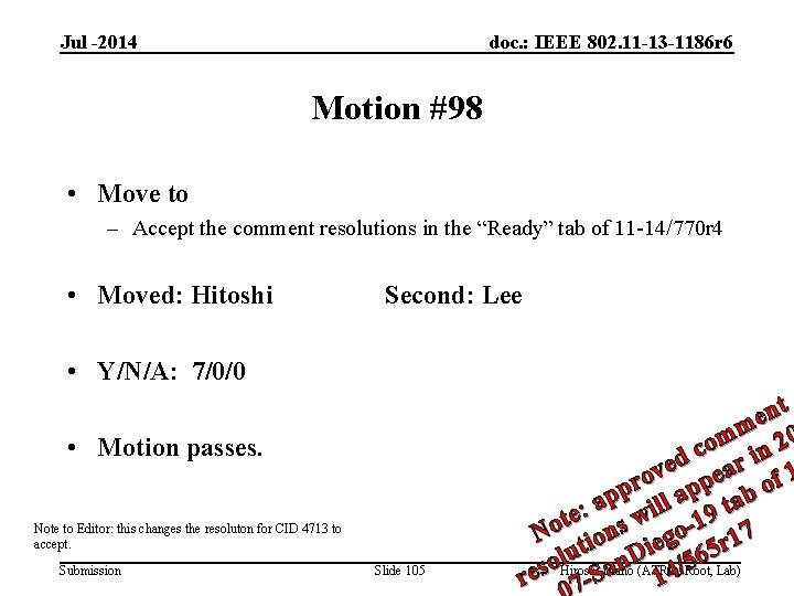 Jul -2014 doc. : IEEE 802. 11 -13 -1186 r 6 Motion #98 •