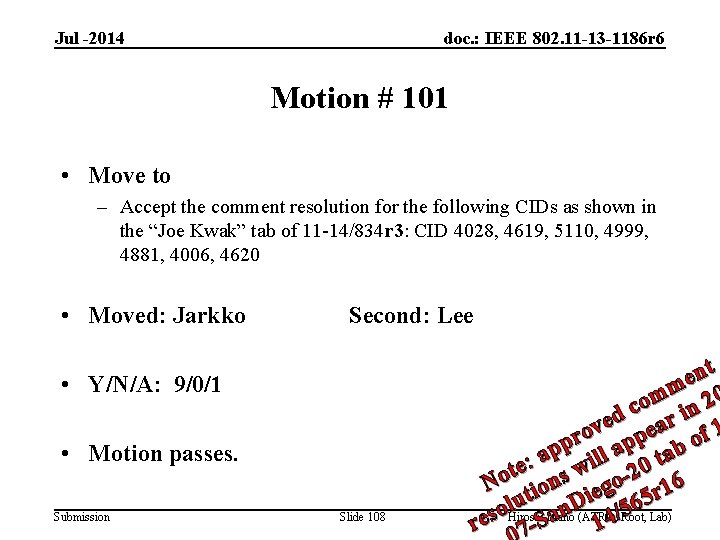 Jul -2014 doc. : IEEE 802. 11 -13 -1186 r 6 Motion # 101