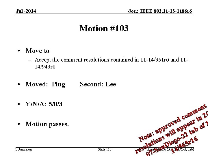 Jul -2014 doc. : IEEE 802. 11 -13 -1186 r 6 Motion #103 •