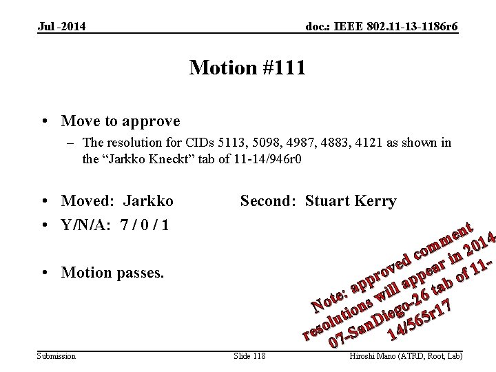 Jul -2014 doc. : IEEE 802. 11 -13 -1186 r 6 Motion #111 •
