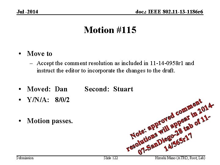 Jul -2014 doc. : IEEE 802. 11 -13 -1186 r 6 Motion #115 •