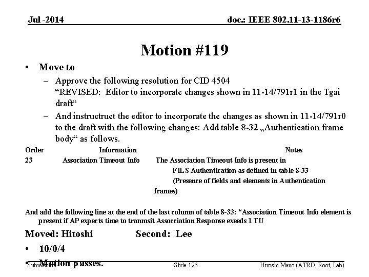 Jul -2014 doc. : IEEE 802. 11 -13 -1186 r 6 Motion #119 •
