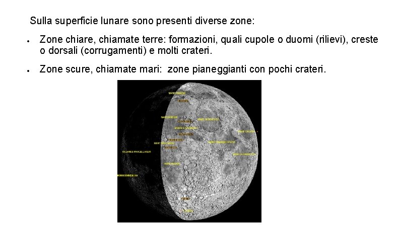 Sulla superficie lunare sono presenti diverse zone: Zone chiare, chiamate terre: formazioni, quali cupole