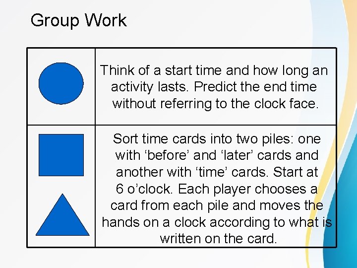 Group Work Think of a start time and how long an activity lasts. Predict