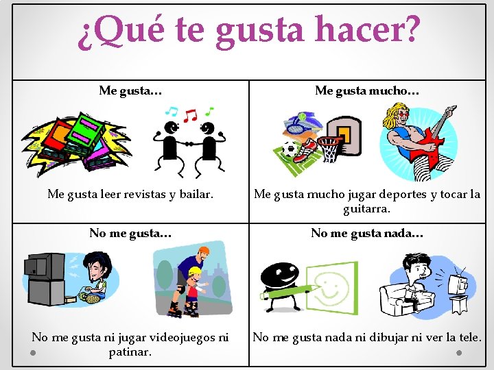 ¿Qué te gusta hacer? Me gusta… Me gusta mucho… Me gusta leer revistas y