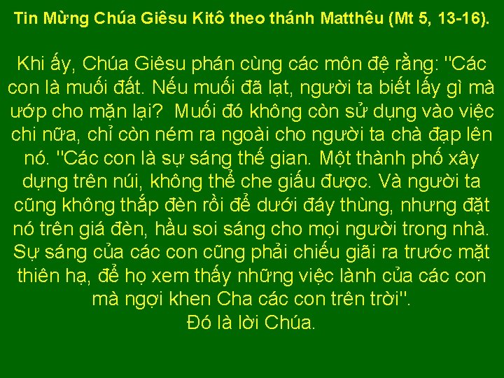 Tin Mừng Chúa Giêsu Kitô theo thánh Matthêu (Mt 5, 13 -16). Khi ấy,