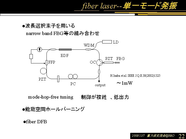 fiber laser--単一モード発振 ●波長選択素子を用いる narrow band FBG等の組み合わせ LD WDM EDF FFP OC PZT FBG H.
