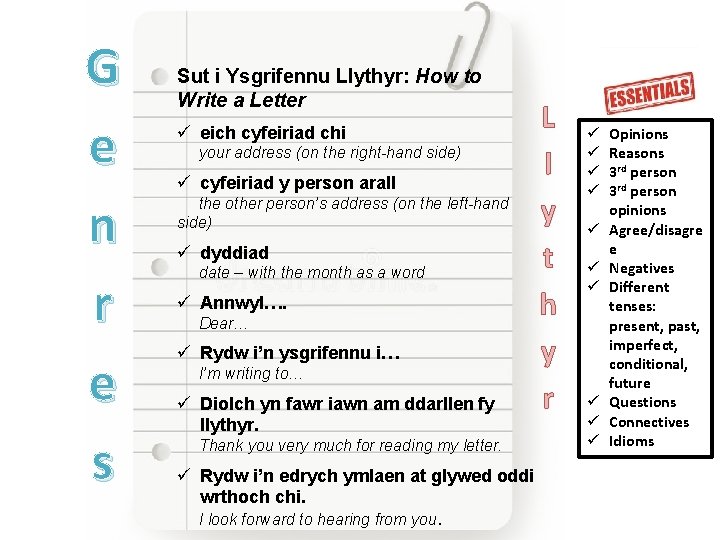 G e n r e s Sut i Ysgrifennu Llythyr: How to Write a G e n r e s Sut i Ysgrifennu Llythyr: How to Write a
