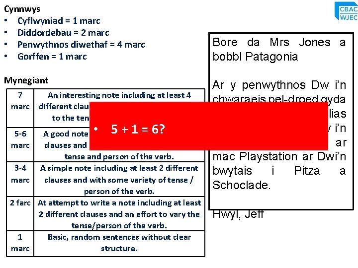 Cynnwys • Cyflwyniad = 1 marc • Diddordebau = 2 marc • Penwythnos diwethaf Cynnwys • Cyflwyniad = 1 marc • Diddordebau = 2 marc • Penwythnos diwethaf