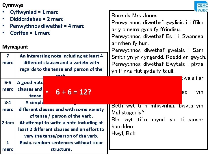 Cynnwys • Cyflwyniad = 1 marc • Diddordebau = 2 marc • Penwythnos diwethaf Cynnwys • Cyflwyniad = 1 marc • Diddordebau = 2 marc • Penwythnos diwethaf