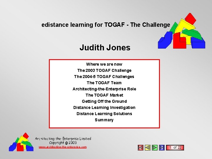 edistance learning for TOGAF - The Challenge Judith Jones Where we are now The