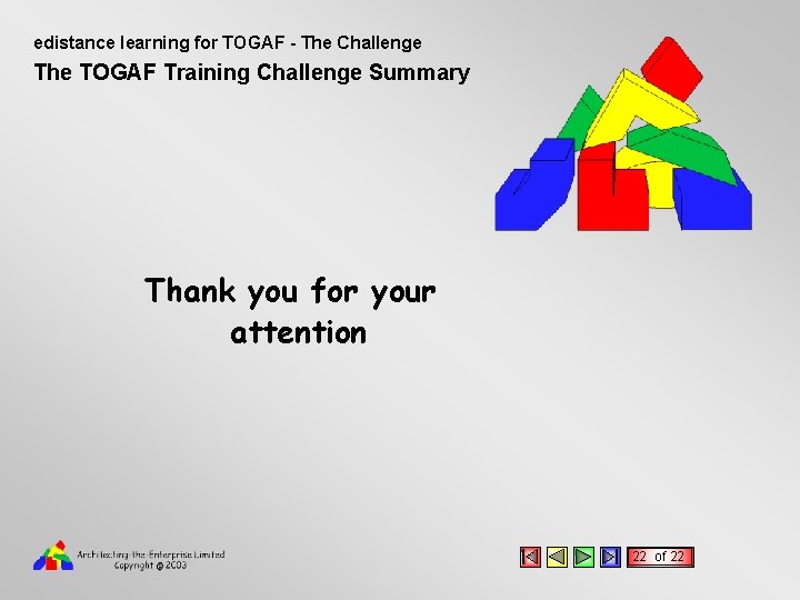 edistance learning for TOGAF - The Challenge The TOGAF Training Challenge Summary Thank you