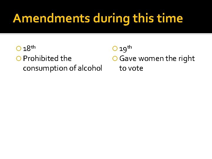Amendments during this time 18 th Prohibited the consumption of alcohol 19 th Gave