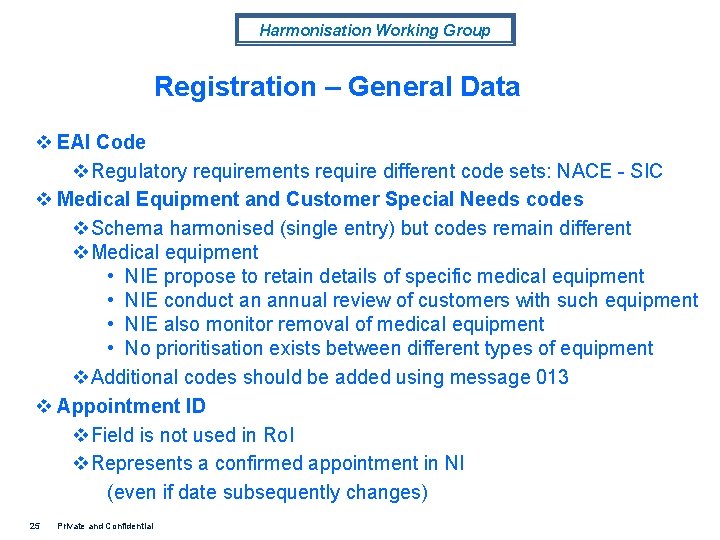 Harmonisation Working Group Registration – General Data v EAI Code v. Regulatory requirements require