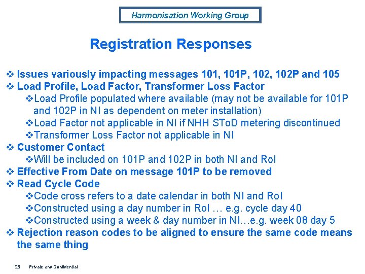 Harmonisation Working Group Registration Responses v Issues variously impacting messages 101, 101 P, 102