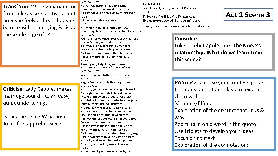 Transform: Write a diary entry from Juliet’s perspective about how she feels to hear