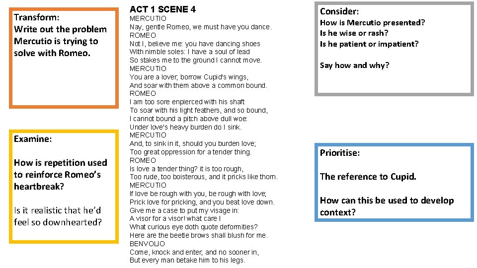 Transform: Write out the problem Mercutio is trying to solve with Romeo. Examine: How