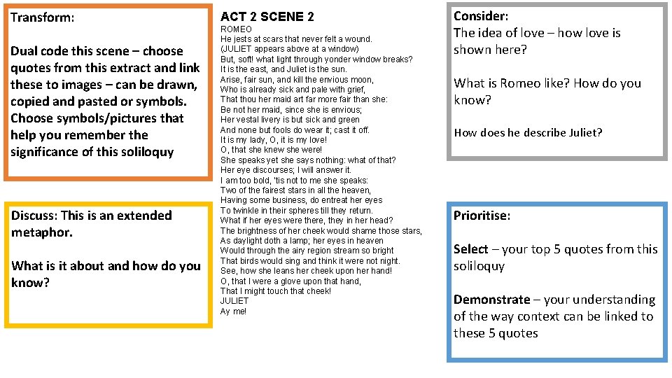 Transform: Dual code this scene – choose quotes from this extract and link these