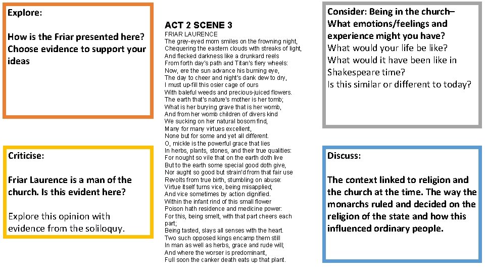 Explore: ACT 2 SCENE 3 How is the Friar presented here? Choose evidence to