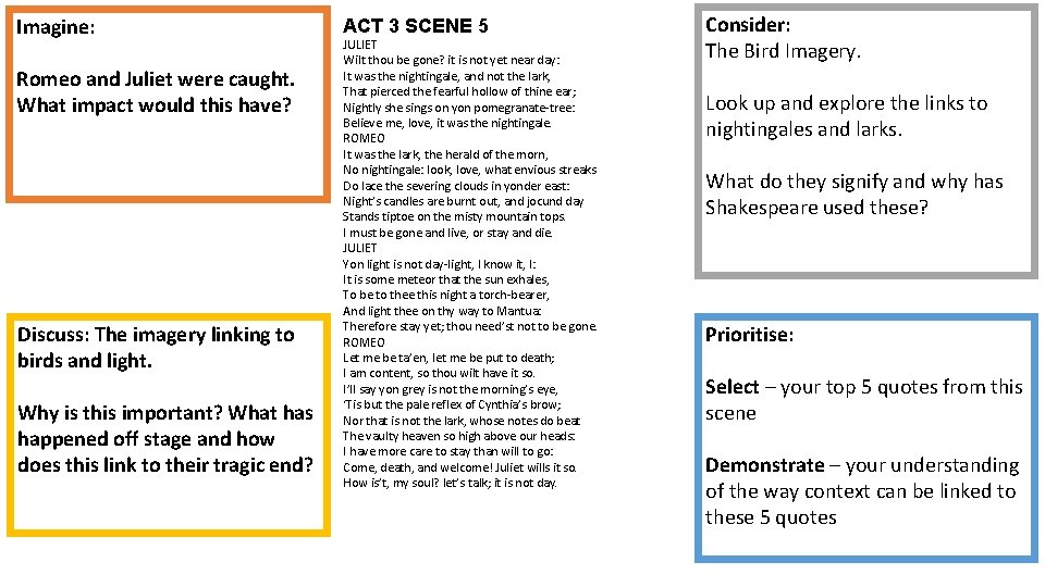 Imagine: Romeo and Juliet were caught. What impact would this have? Discuss: The imagery