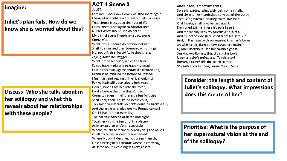 Imagine: Juliet’s plan fails. How do we know she is worried about this? Discuss: