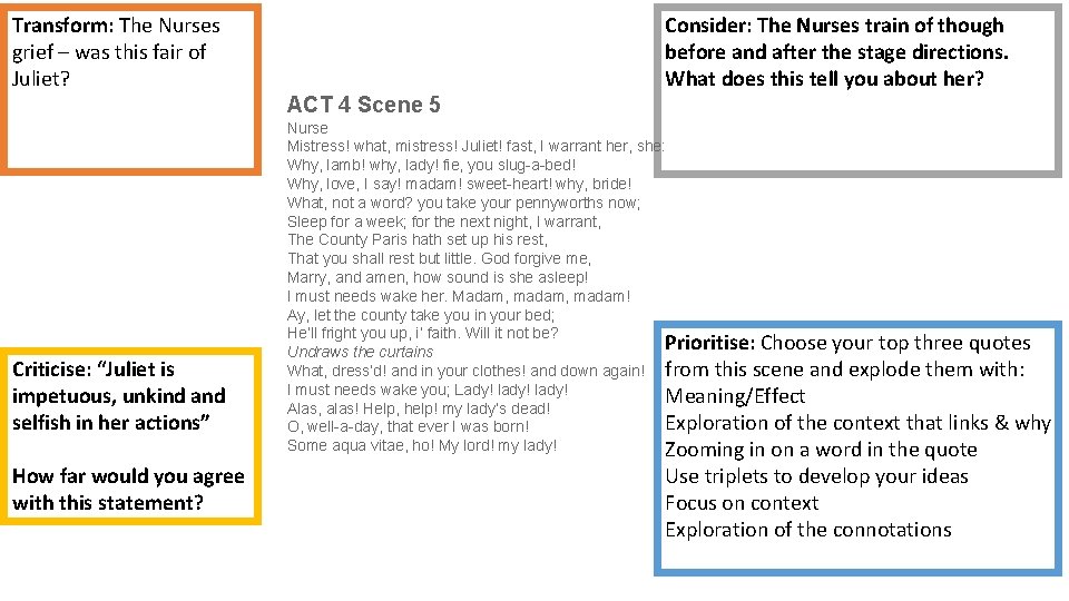 Transform: The Nurses grief – was this fair of Juliet? Consider: The Nurses train