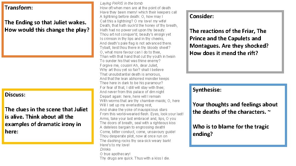 Transform: The Ending so that Juliet wakes. How would this change the play? Discuss: