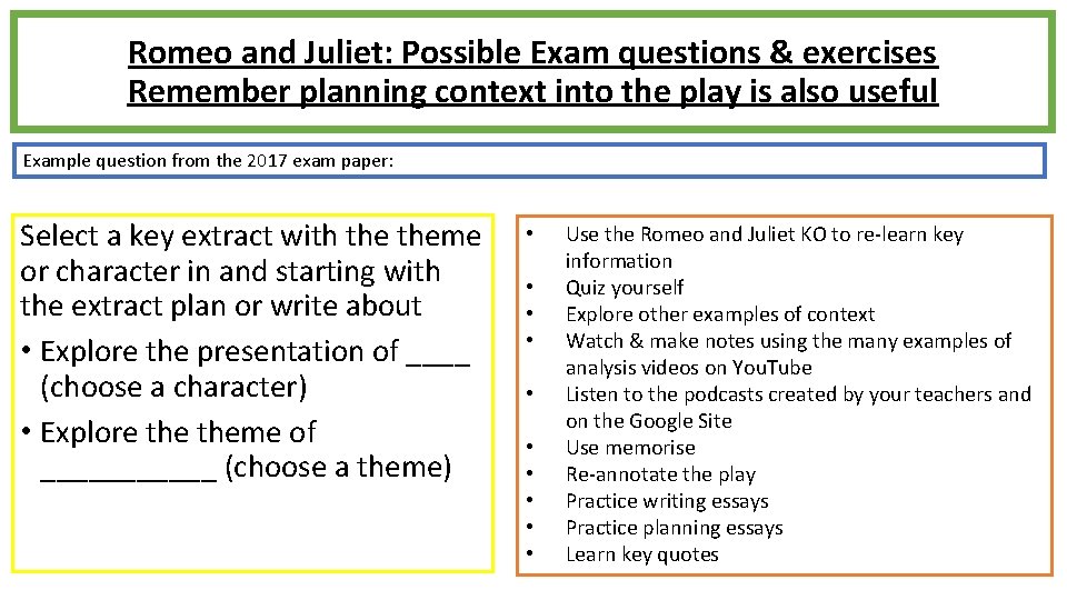 Romeo and Juliet: Possible Exam questions & exercises Remember planning context into the play