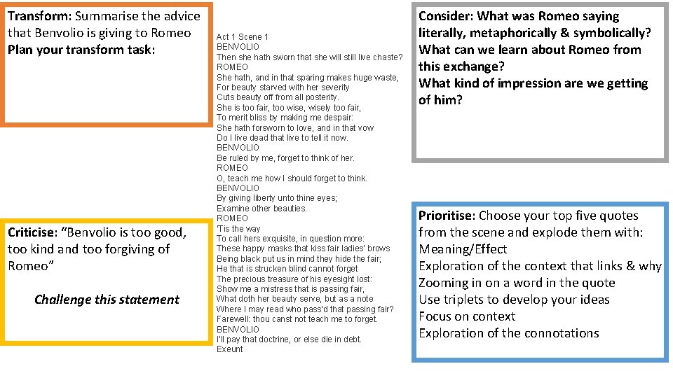 Transform: Summarise the advice that Benvolio is giving to Romeo Plan your transform task: