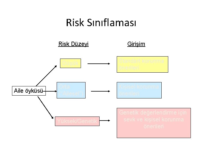 Risk Sınıflaması Risk Düzeyi Düşük Aile öyküsü Girişim Standart korunma önerileri Orta (“Ailesel”) Kişisel