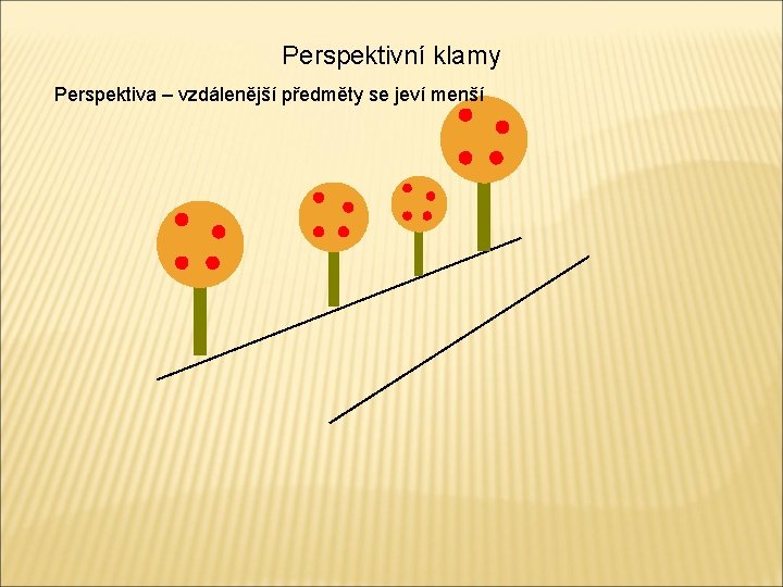 Perspektivní klamy Perspektiva – vzdálenější předměty se jeví menší 